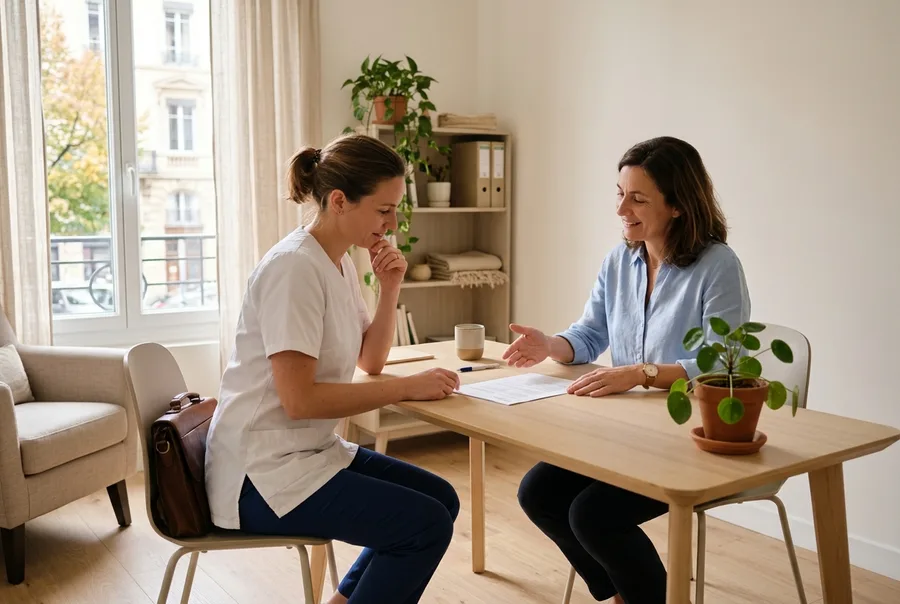 Une conseillère explique un document à une infirmière libérale, dans un bureau lumineux