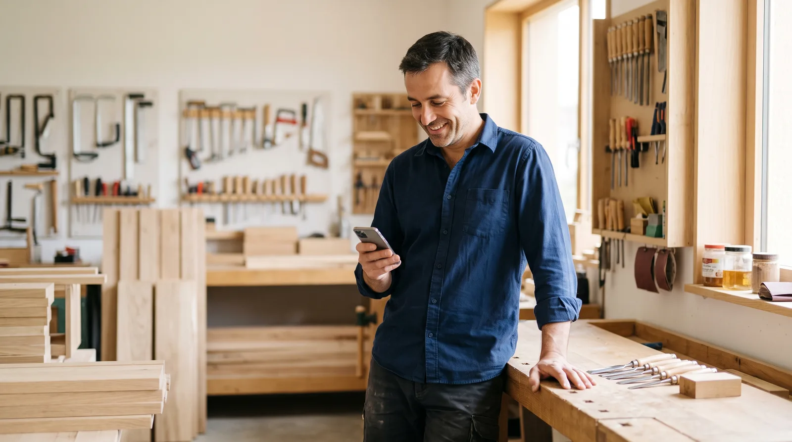 Un artisan de 45 ans dans son atelier, debout, souriant, qui consulte son téléphone